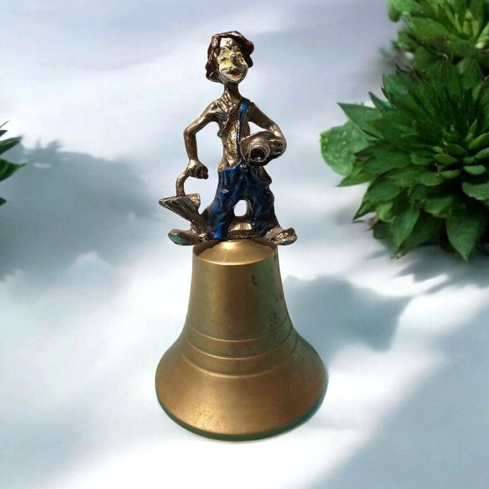 Vintage Brass Bell w Colorful Clown Holding Hat and Umbrella 4.75 " Great Condit